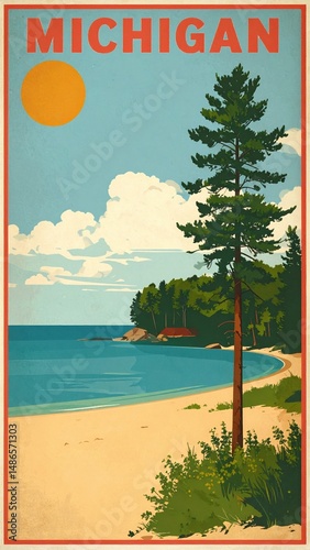 Vintage michigan poster featuring lakefront beach and pine trees under orange sun