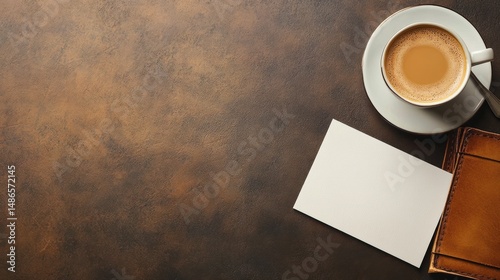 Blank card mockup with coffee and leather wallet on rustic background