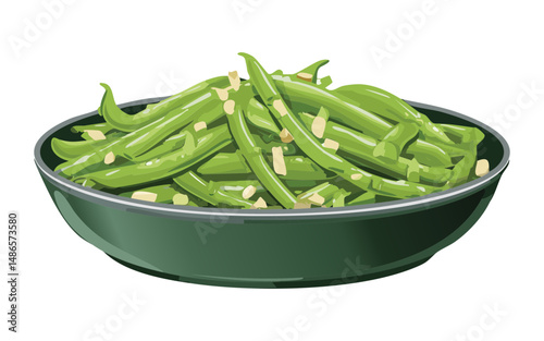 Cooked Green Beans in Serving Dish - Vector Illustration