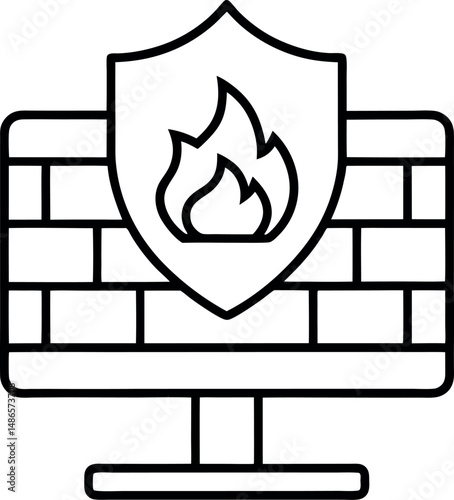 Computer Firewall Shield Flame outline Icon On Transparent Background
