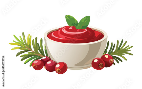 Red Berry Sauce in White Bowl - Vector Illustration