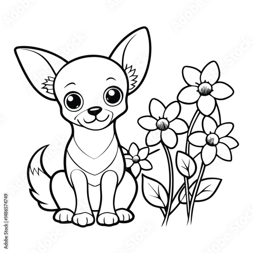 Adorable Chihuahua Puppy Coloring Page with Flowers Coloring Page