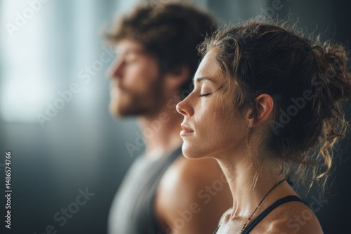 A couple in a peaceful meditation pose, their eyes closed, embodying inner peace and spiritual balance.
