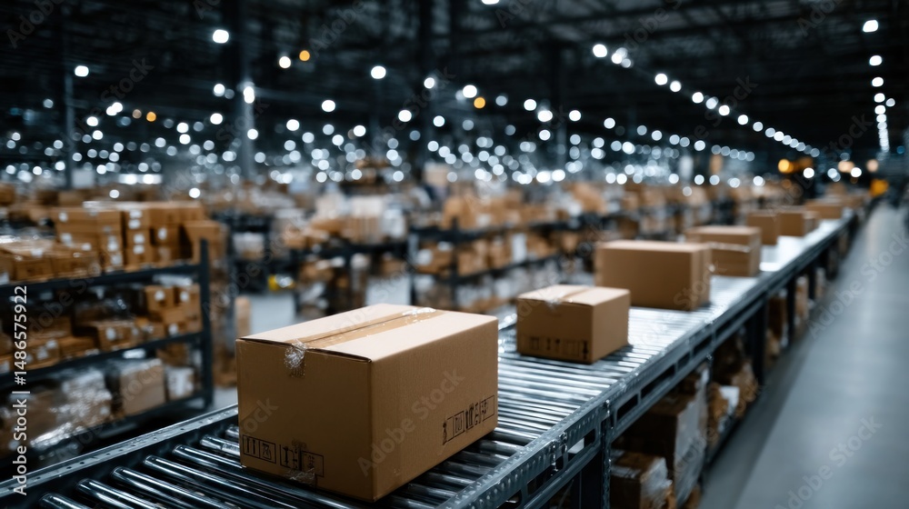 Cardboard boxes are lined up neatly on metallic shelves in a large warehouse, with glowing lights illuminating the workspace in the background Cardboard boxes are lined up neatly on metallic shelves in a large warehouse, with glowing lights illuminating the workspace in the background
