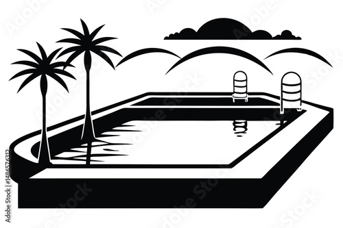 Black silhouette shows the pool with palm trees and mountains on a white background