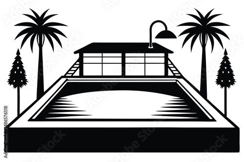 Black and white depicts a pool near hut and palm trees in summer