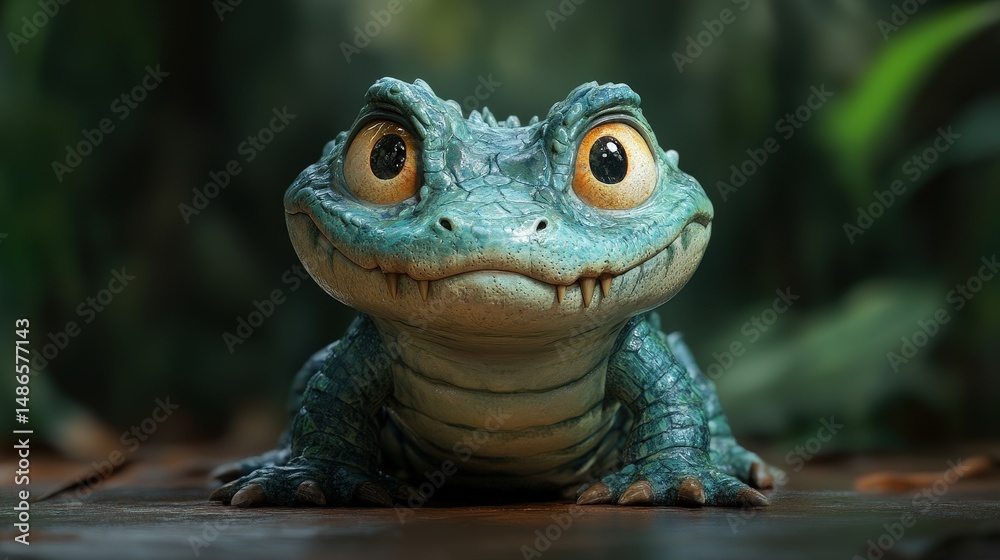 Fototapeta premium Cute, cartoonish reptile character, detailed rendering.