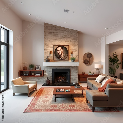 Spacious living room with fireplace, carpet floor and rug