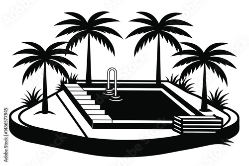 An enticing swimming pool surrounded by silhouette palm trees provides an invitation for vacation relaxation