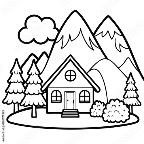 Mountain Cabin Coloring Page: Free Printable House Drawing Coloring Page
