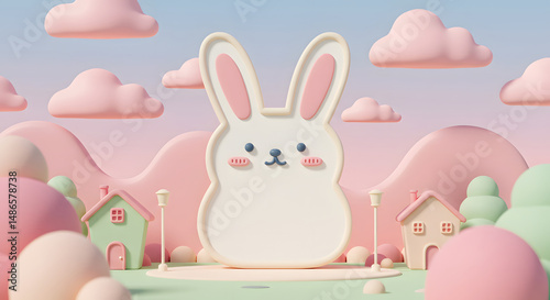 3D Whimsical Pastel Bunny with Storybook Village and Dreamy Sky for Thumbnail