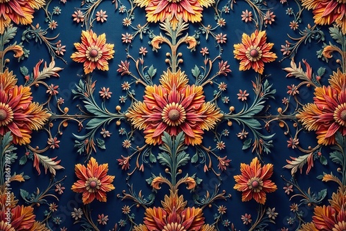 Elegant woven damask, intricate floral pattern, surface, graphics, embroidery