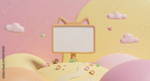 3D Whimsical Pastel Fantasy Scene with Blank Cat-Eared Signboard and Floating Butterflies for Thumbnail