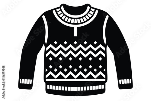 Black silhouette of an ugly sweater featuring geometric patterns on the front of the garment