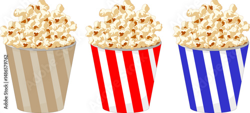 Set of vector illustrations of popcorn in a paper cup. Colorful vector illustration of a bucket filled with popcorn, a popular snack for going to the movies or parties.