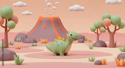 3D Cartoon Dinosaur in Vibrant Prehistoric Landscape, Playful Volcano and Fantasy Forest for Thumbnail