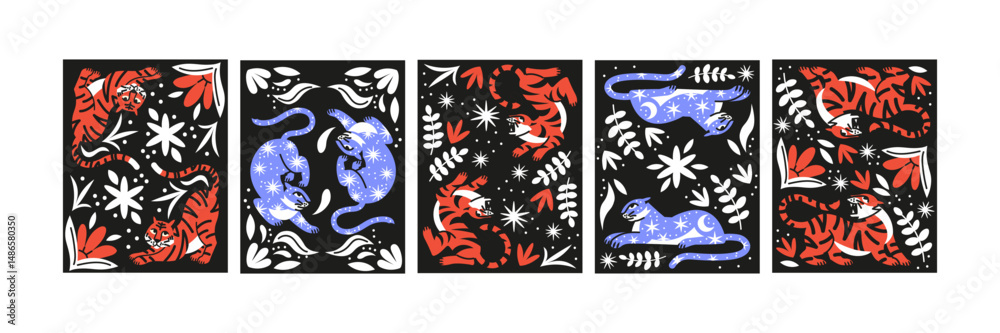 Fototapeta premium Retro 90s Tropical Posters Featuring Tigers and Leaves — Asian-Inspired Floral Patterns with Tigers and Leopards