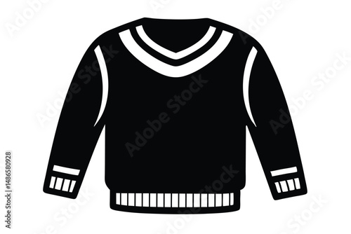 A stylized black sweater with a v neck and striped accents offers minimalist charm