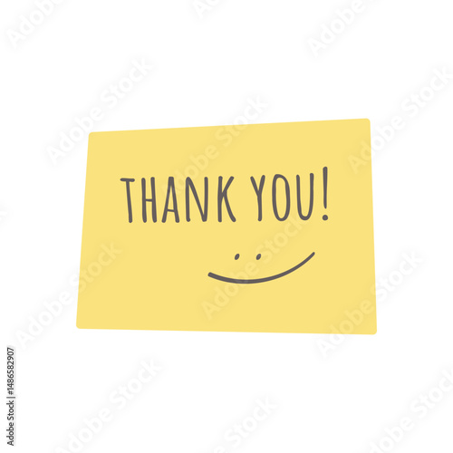 Thank you text with smile face. Yellow note. Vector illustration