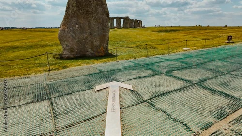 Stonehenge establishing shot highlighting the central horseshoe arrangement of megaliths at the heart of the site, Salisbury, Wiltshire, England, UK