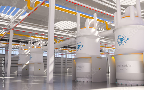 concept of a SMR small modular nuclear reactor power plant on a sunny day. SMR is a future energy concept. 3d rendering.