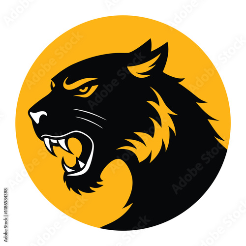 Tiger head vector. vector tiger head silhouette A fierce black tiger head silhouette over a red sun circle, representing power and domination