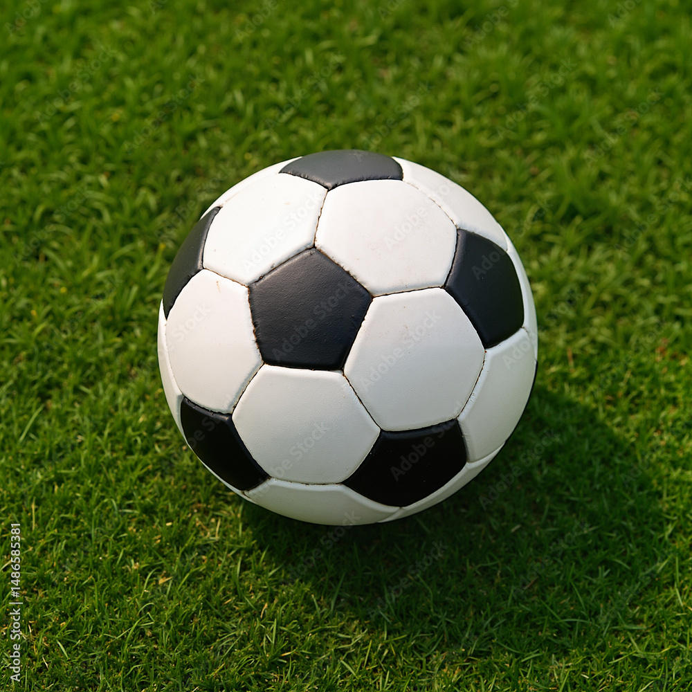 Obraz premium Bola de futebol sobre a grama verde do estádio vista de cima