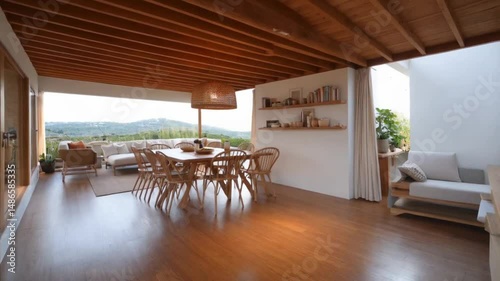 Open concept dining area with wooden ceiling overlooks a scenic outdoor.