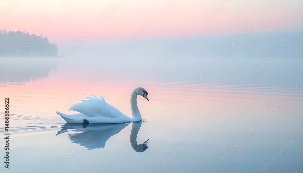 Fototapeta premium White Swan Floating on a Calm Lake with Pink and Blue Hues at Dawn