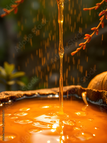 A glistening drizzle of ginger nectar pooling with a warm glow o