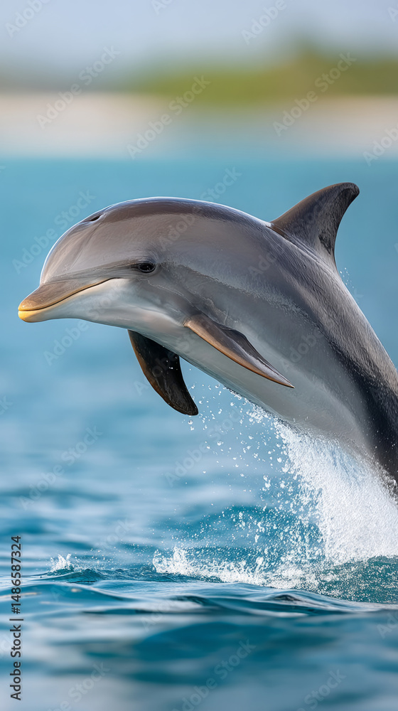 Naklejka premium Graceful dolphin leaping from ocean waters with clear blue sky background
