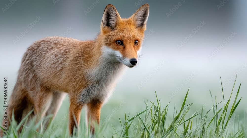 Fototapeta premium Red fox in misty meadow at dawn