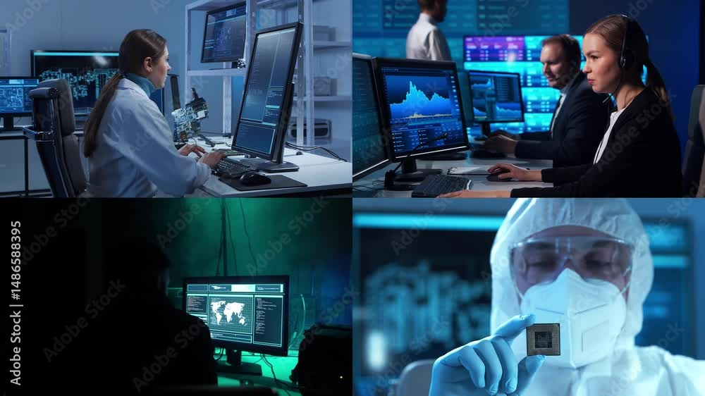 custom made wallpaper toronto digitalScientists, lab equipment and microscopes in biomedical innovations and clinical studies. Technology and medical concept. Ideal for educational content. Collage.