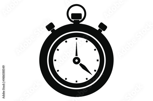 Black stopwatch shows the time with minute and hour hands pointing forward on white