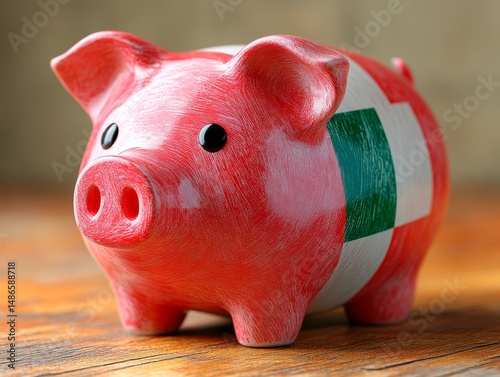 Ceramic piggy bank painted in the colors of the Italian flag—green, white, and red—on a wooden surface with a blurred neutral background