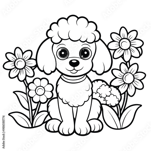 Cute Poodle Puppy Coloring Page: Free Printable Dog Flowers Coloring Page