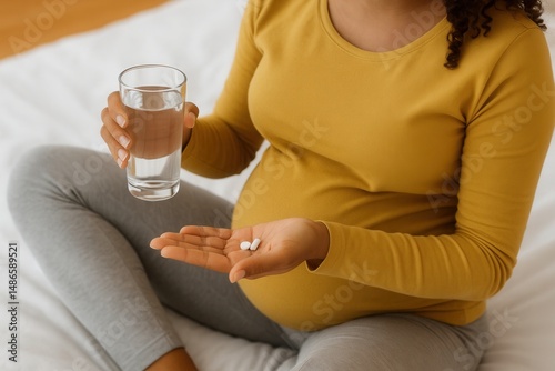 A pregnant woman holds two white capsules in one hand and a glass of water in the other, preparing to take her daily supplements while sitting on the bed