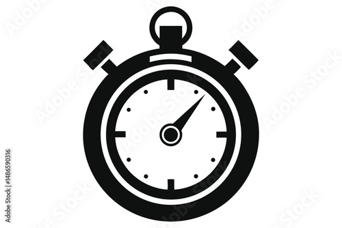 A black and white stopwatch with pointers is displayed against a white background