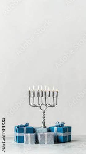 Modern hanukkah display with silver menorah and gift boxes for festive decor photo