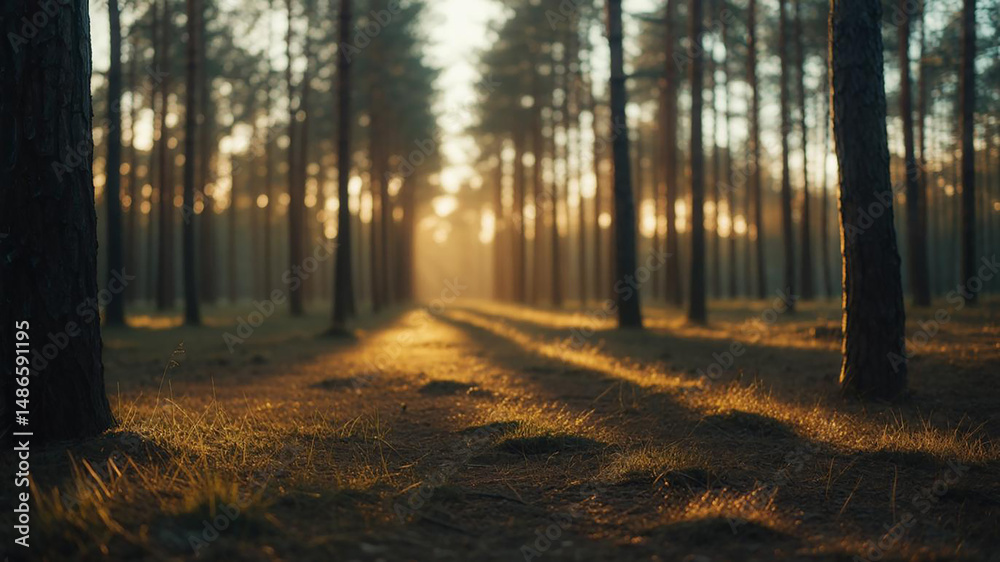 Fototapeta premium Golden Sunlight Streaming Through Pine Forest Trees