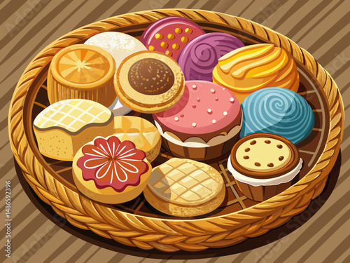 vector of A variety of round biscuits are arranged on a wooden table in a wicker container