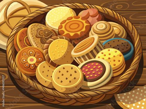 vector of A variety of round biscuits are arranged on a wooden table in a wicker container
