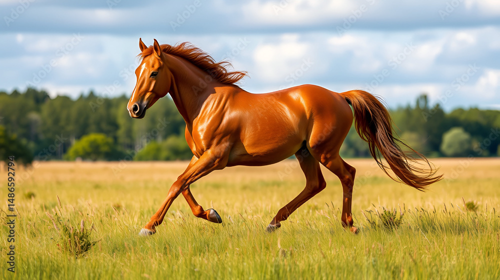 Fototapeta premium Brown horse prancing in field, nature background, animal illustration, design element