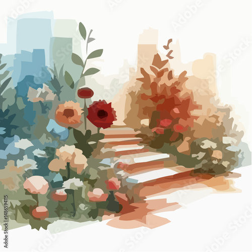 Colorful floral garden pathway leading to city skyline in soft hues  