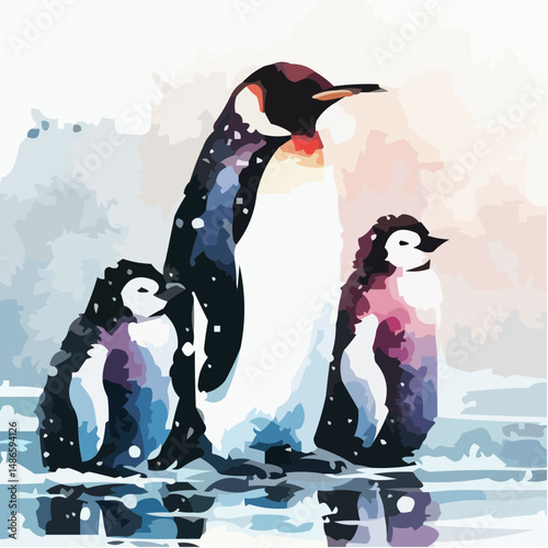 Three penguins standing together on icy surface in colorful style  