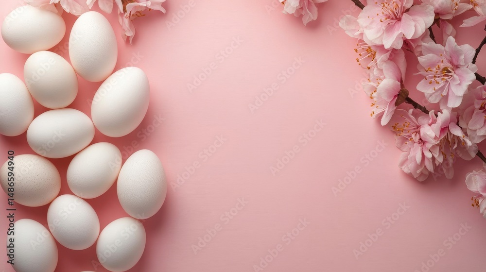 Obraz premium White eggs are clustered together on a pink background, accompanied by a flower that is nestled among the eggs