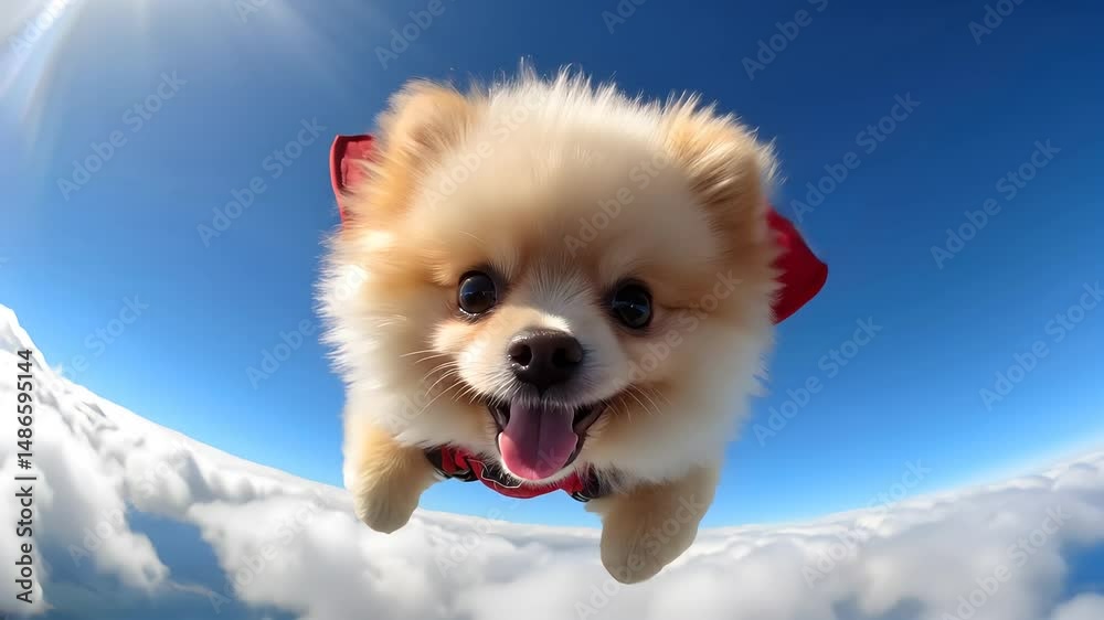 Cute and fluffy Pomeranian puppy wearing a red cape flying high up in the sky with its tongue out
