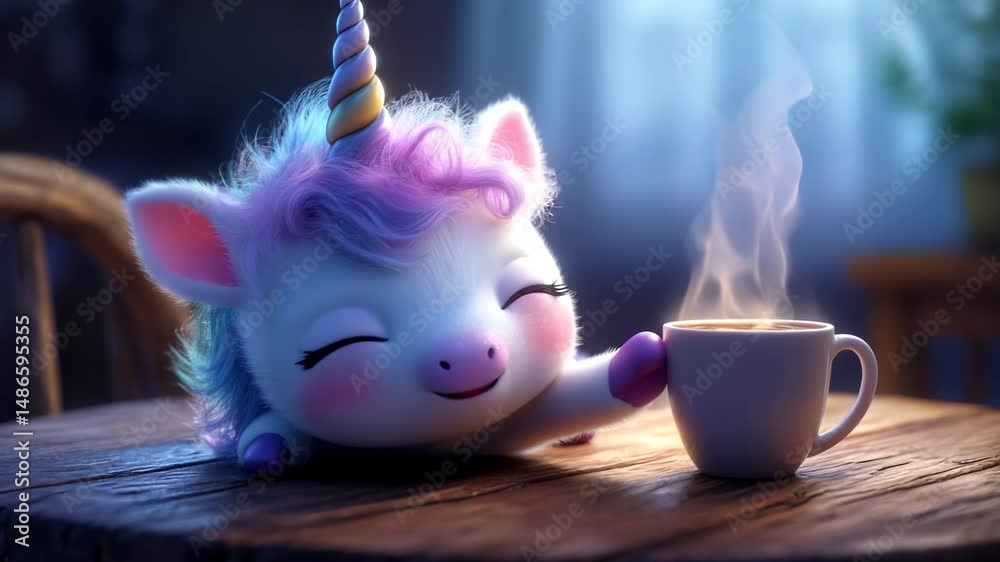 Adorable drowsy cartoon unicorn trying to wake up and reach for a fresh cup of coffee