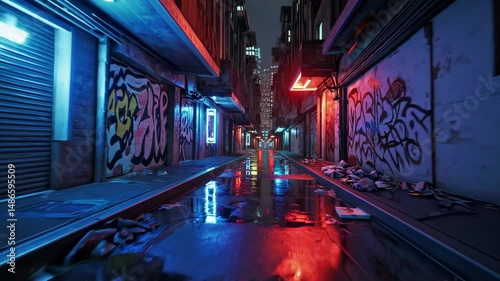 Neonlit urban alleyway with reflective rainwater and graffiti walls at night