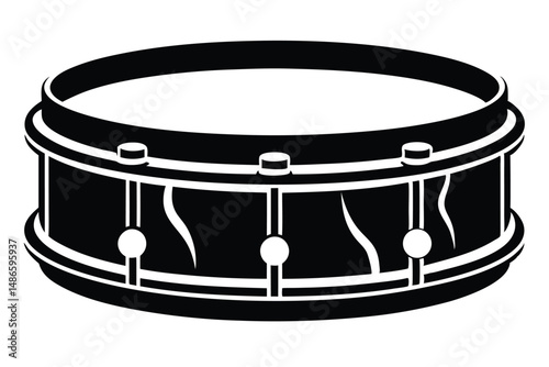 Black and white snare drum displays simplistic graphics on an isolated background